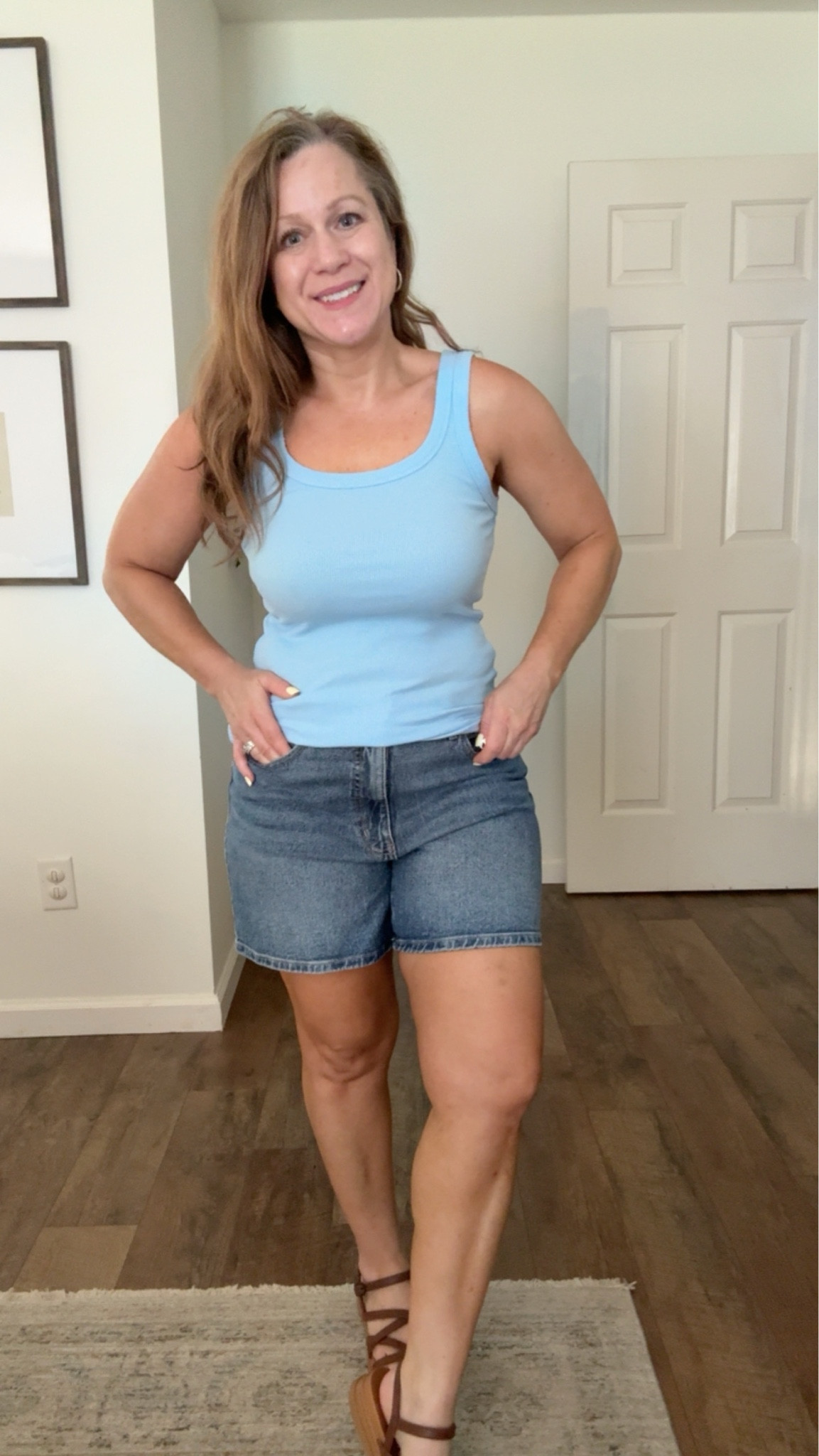 Summer outfit idea 
Perfect for the 4th of July and all summer 
Denim shorts 
Scoop neck tank
Sandals 

I am in a small in bodysuit and I sized up one in Shorts, sandals TTS

#LTKPetite #LTKootd #LTKMidsize
