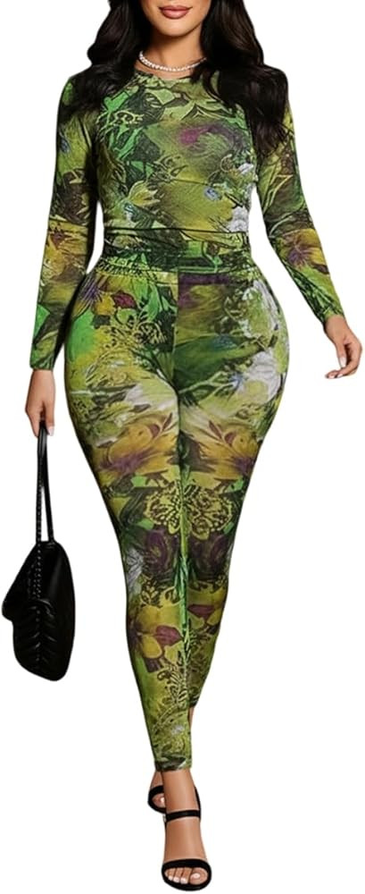 knowfashionstyle Sexy Two Piece Sets for Women Mesh Print See Through Going Out Birthday Clubwear... | Amazon (US)