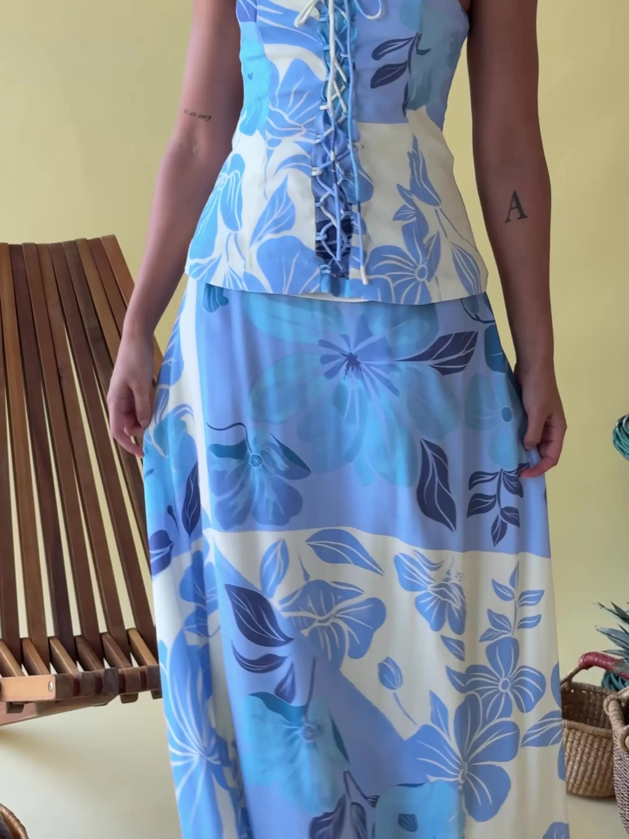Blue Azure Bloom Print Strapless Lace Up Maxi Mirae Dress | Sabo Skirt US