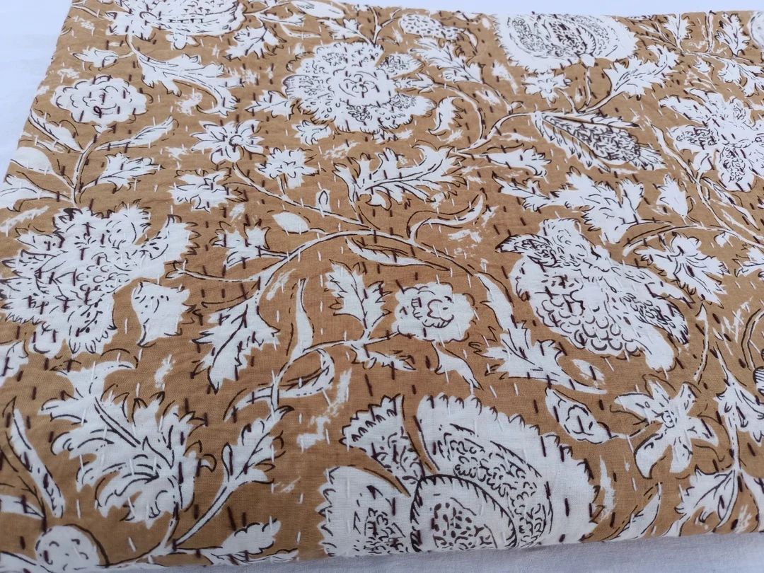 White Floral Kantha Quilt Bedspread Queen Size Quilt Indian Kantha Throw Kantha Block Printed Kan... | Etsy (US)