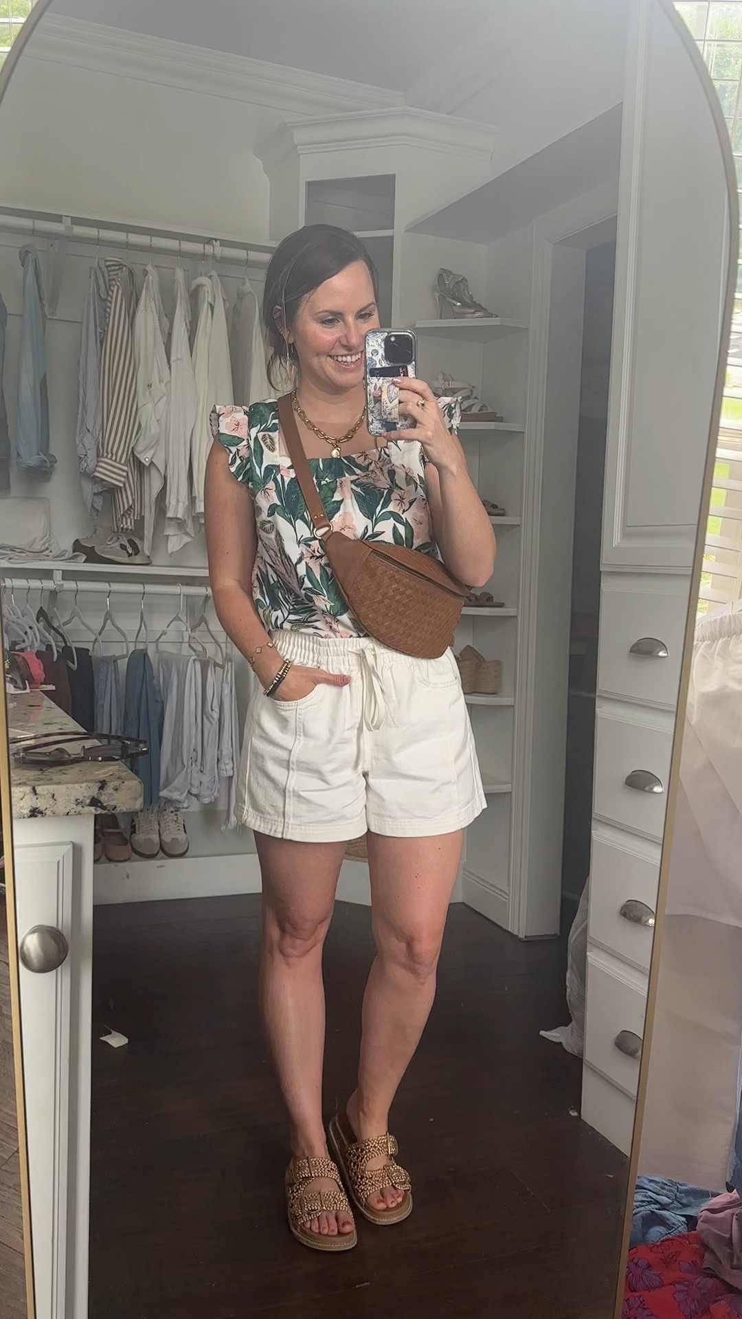 Cute casual summer outfit as a mom of 3! 

Size m in target pullon shorts, palm tree Amazon top, and sandals run tts! Leather crossbody Bag is gifted from Mandrn & linked a similar option from Quince. 

#LTKSeasonal #LTKFindsUnder100 #LTKItBag
