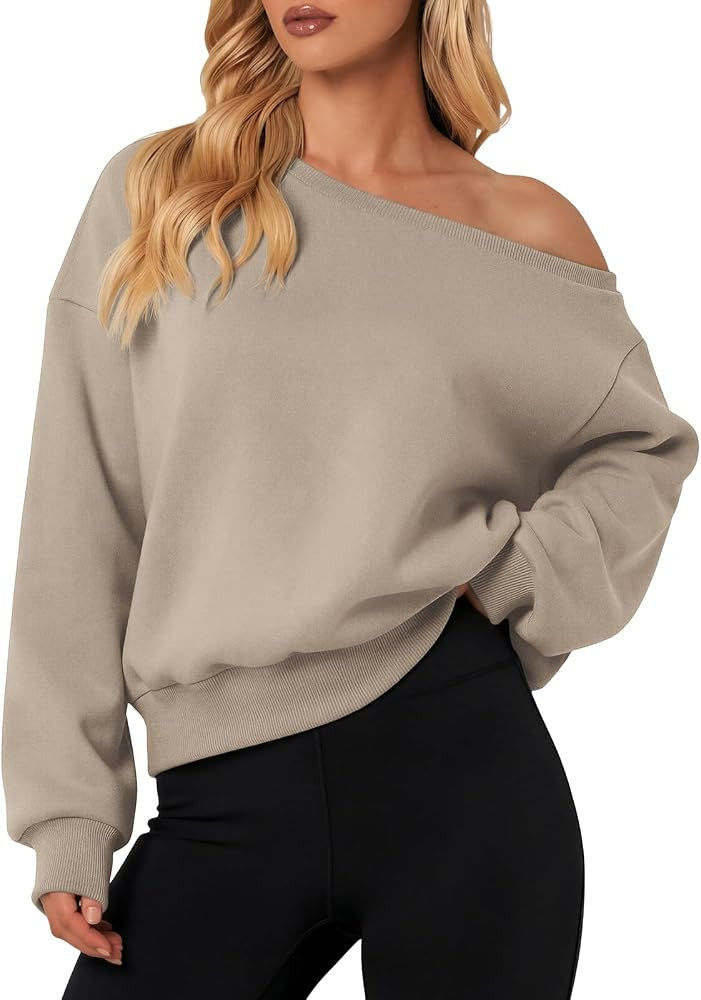 ATHMILE Womens Off the Shoulder Sweatshirt Fleece Long Sleeve Crop Top | Amazon (US)