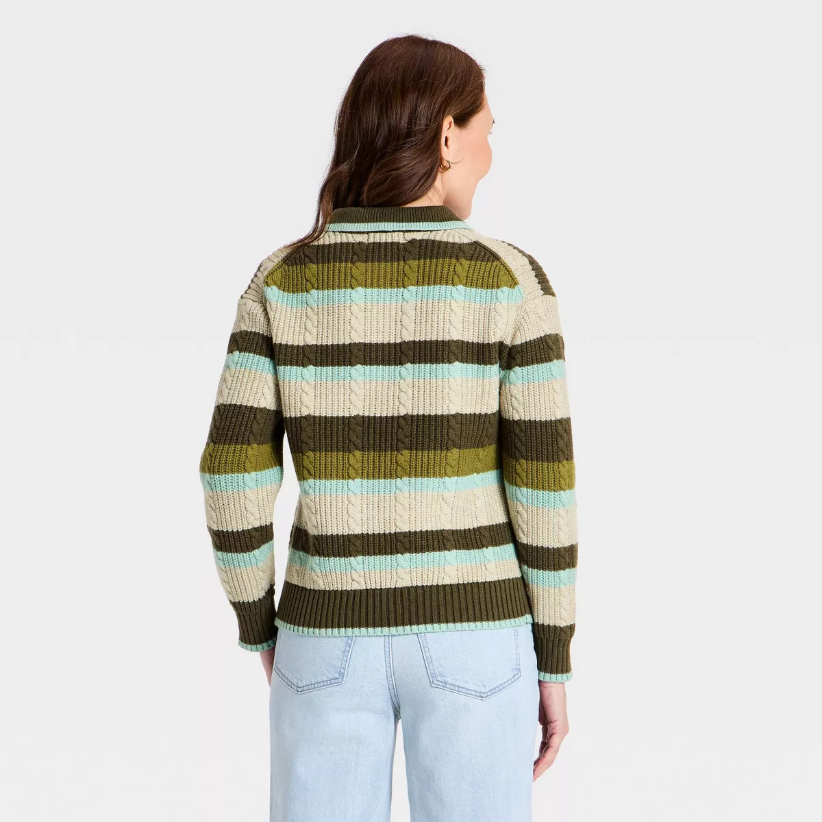 Women's Cable Collared Pullover Sweater - Universal Thread\u2122 Green Striped XS | Target