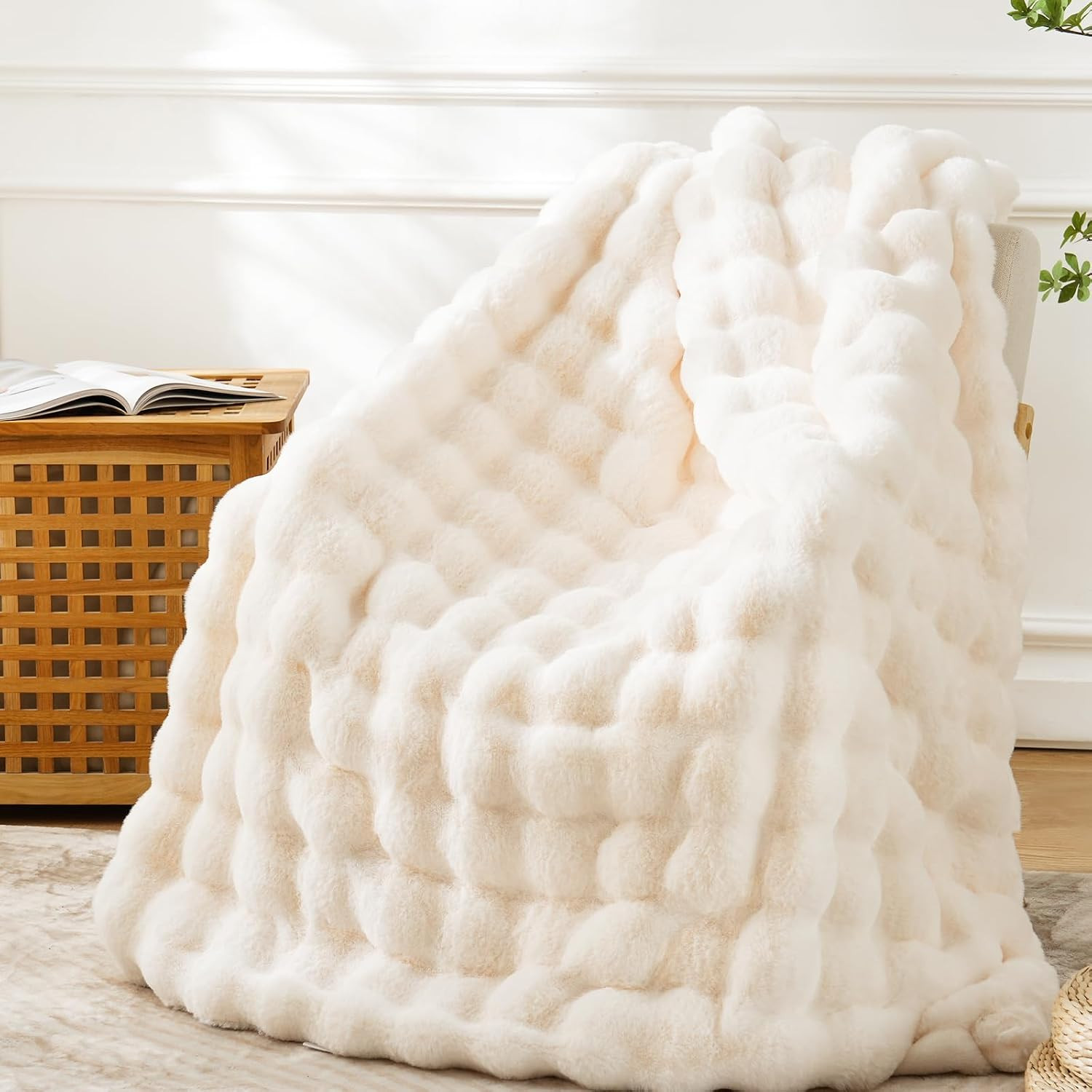 Faux Fur Throw Blanket for Couch - Cozy Plush Fluffy Soft Thick Bubble Blanket for Living Room Home Decor - Mothers Day Birthday Gifts for Women, Cream White, 51" x 63" | Amazon (US)