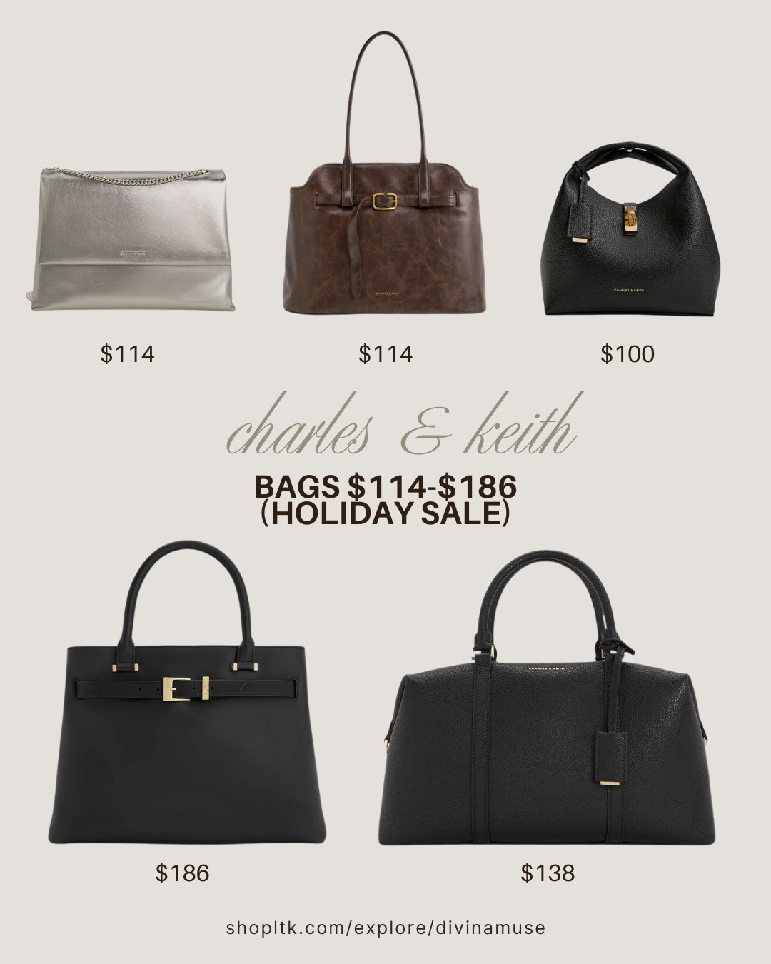 affordable bags from charles & keith (holiday sale prices) would make a great gift for the bag lover, fashion lover, style lover, or for yourself!  #bagsale #designerbagsale #affordablebags #workbags #leatherbags #totebags #blackbags #brownleatherbags #airportbag #shoulderbag #greybag #silverbags #blacktotes #bucklebags #chainbag  

 #LTKCyberWeek #LTKGiftGuide #LTKWorkwear