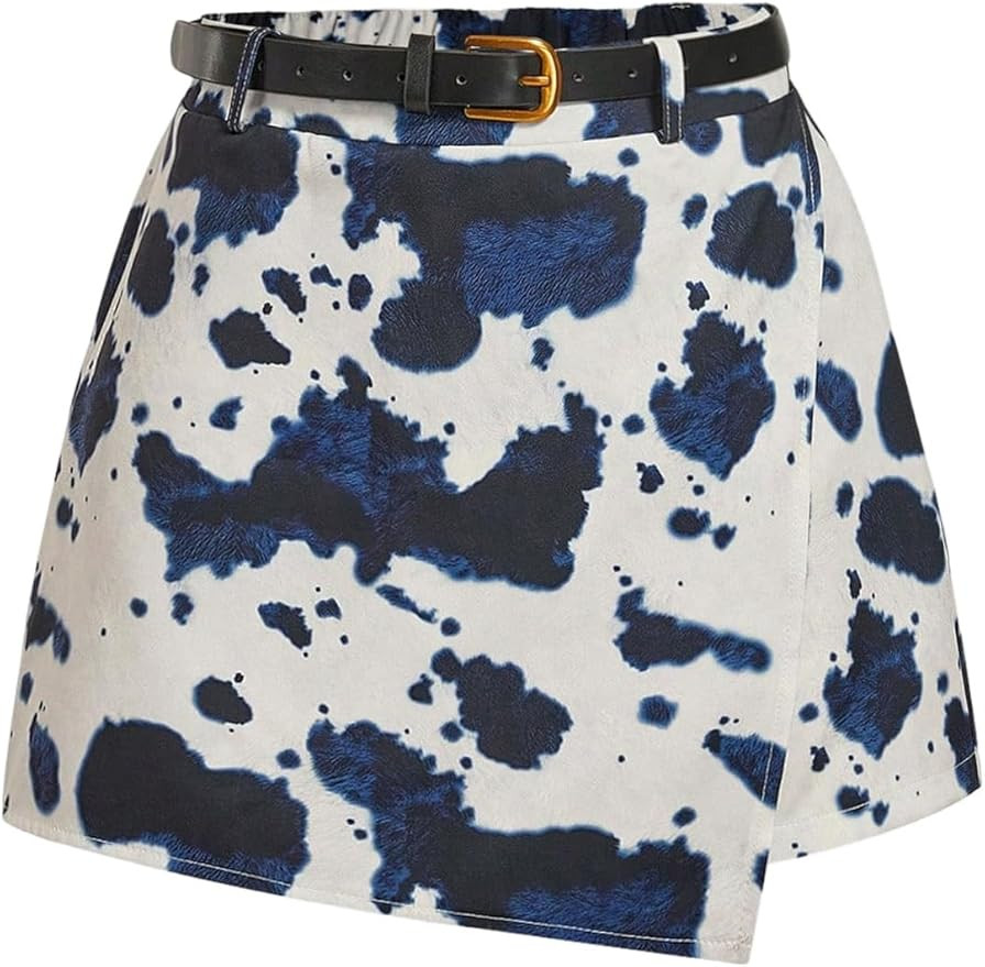 Floerns Women's Cow Print Mini Skort Wrap Asymmetric Hem Western Skirt Shorts with Belt | Amazon (US)