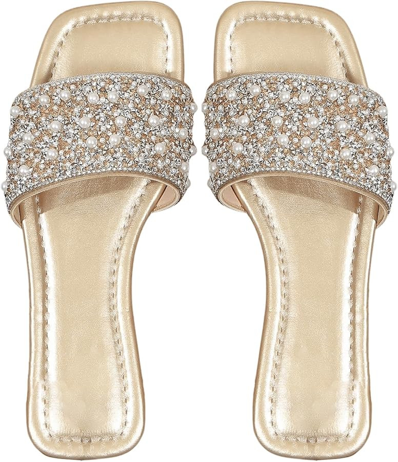 GORGLITTER Women's Sparkly Rhinestone Gold Sandals Jeweled Dressy Pearl Boho Summer Cute Wedding ... | Amazon (US)