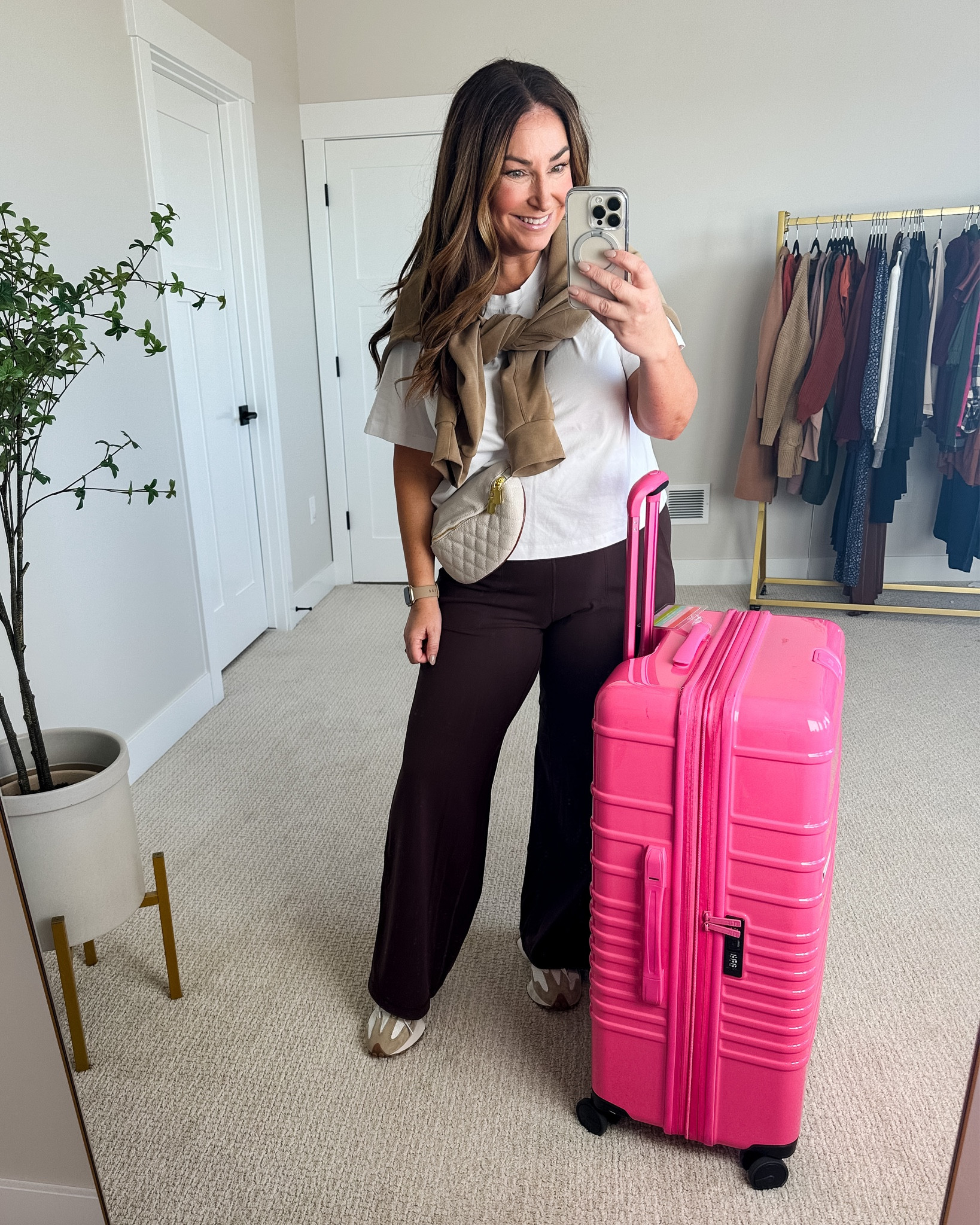 Travel outfit 
Tee tts, L // pants, 12 // sneakers size up 1/2 

Hot pink beis bags sold out but new colors just dropped 

#LTKmidsize #LTKCon #LTKtravel