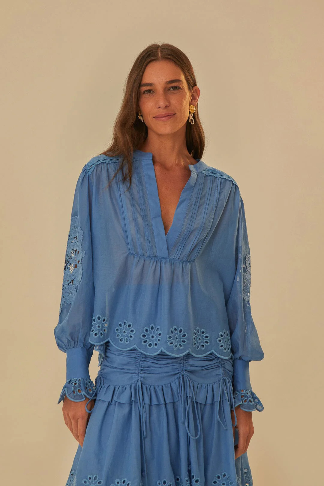 blue long sleeve organic cotton blouse | FarmRio (US)