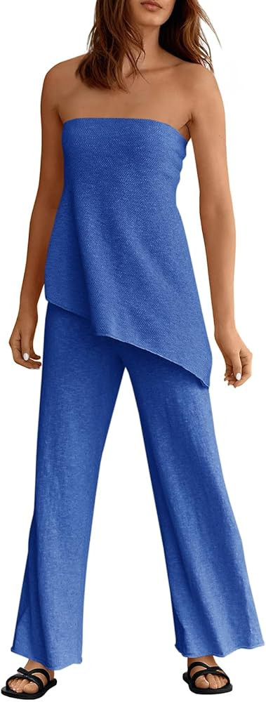 Tankaneo Womens 2 Piece Outfits Asymmetrical Tube Top Wide Leg Pants Knit Vacation Travel 2026 Ma... | Amazon (US)
