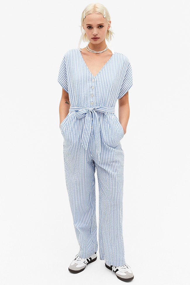 Blue striped wide leg jumspuit | Monki