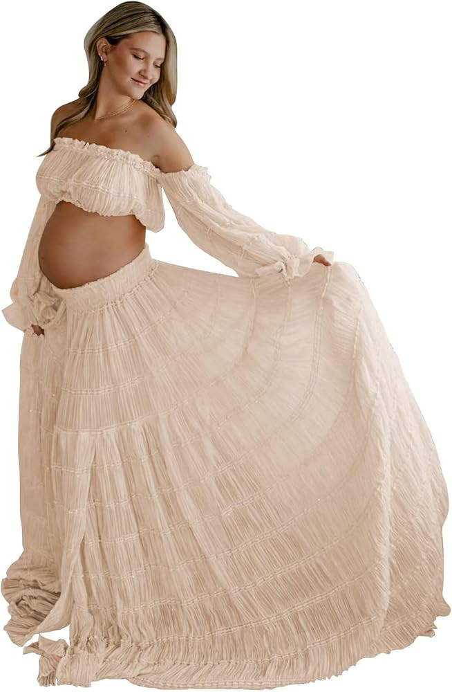 2 Piece Maternity Dresses for Photoshoot Boho Long Sleeves Laces Off Shoulder Photography Pregnan... | Amazon (US)