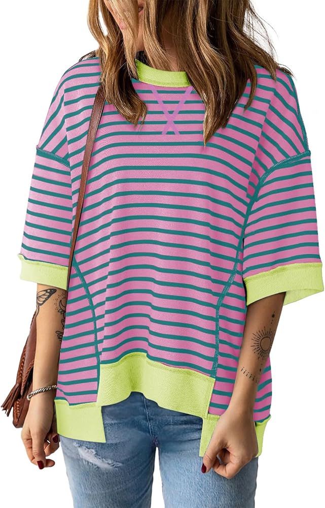 Womens Summer Tops Casual Crewneck Short Sleeve Striped Color Block Hem Trendy Pullover Knitted T... | Amazon (US)