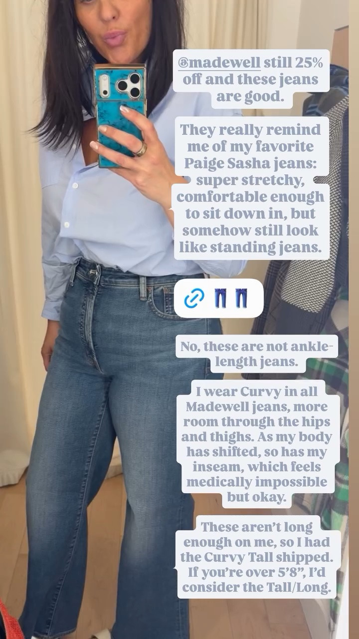 Wanted to highlight these jeans from the @Madewell 25% off everything fall sale. They remind me of my favorite Paige Sasha jeans: Super stretchy and comfortable, and look structured while having enough “give” to comfortably sit in. Great if you have a desk job and can wear jeans to the office — they won’t dig into you while you’re sitting, and they still look put-together and professional.

If you’re over 5’8”, consider getting the tall/long fit. I’m in the Curvy Regular fit here, and the hem was hitting just a bit too short, so I ordered them in Curvy Tall.

#LTKSaleAlert #LTKMidsize