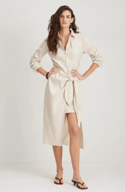 Nordstrom Long Sleeve Stretch Linen Blend Faux Wrap Shirtdress in Beige Oatmeal at Nordstrom, Size X-Large | Nordstrom