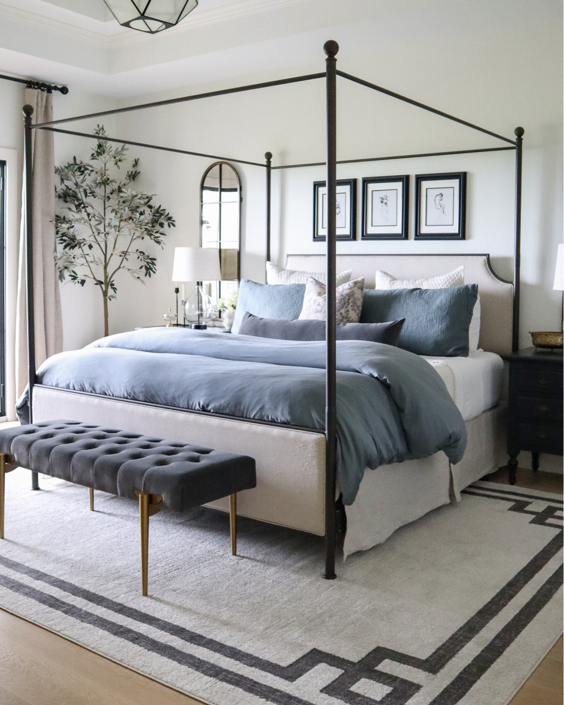 Current bedroom decor! My duvet cover is in the Stormy Blue color and the softest thing ever!

bedding, canopy bed, lumbar pillow, velvet end of bed bench, art, olive tree, black nightstand, arch mirror, lamp, curtains, bed skirt, shams, pillow cover

#LTKhome #LTKstyletip #LTKsalealert