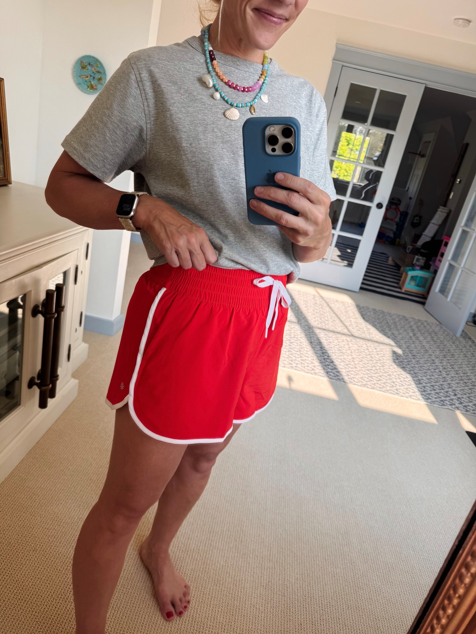 Sunday cleaning and laundry outfit - and don’t sleep on these shorts!!! On sale down to $35 and they’re incredible. Obsessed with the retro vibe, thick waistband, and don’t bunch between my legs. Linked my other favorite tee too - and these beaded necklaces made me so happy today. 
xo, Claire 

#LTKSaleAlert #LTKFindsUnder50 #LTKSeasonal