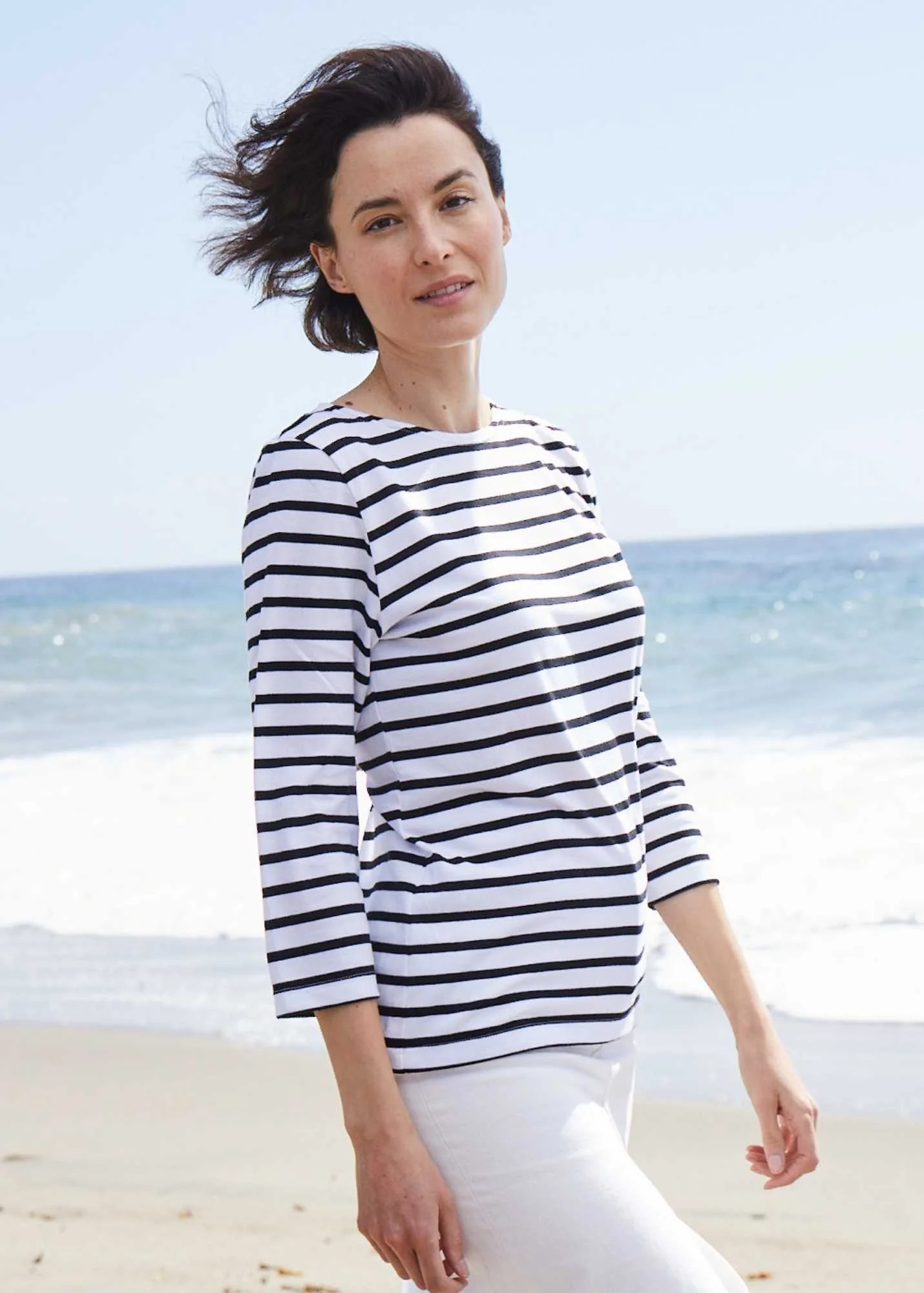 GALATHEE - Breton Striped Top with Â¾ Sleeve / Soft Cotton / Women Fit (WHITE / BLACK) - WHITE / BLA | Saint James USA