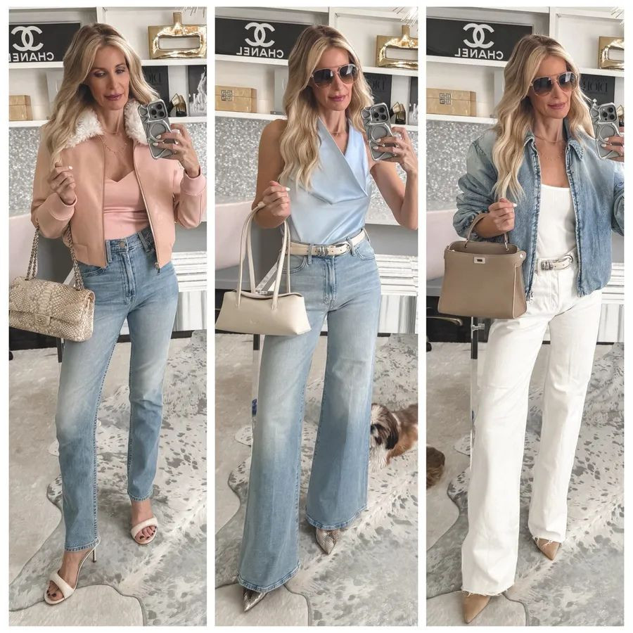 Spring trends are too good this year ✨ 1. Pastels – This pastel pink vegan leather bomber by Alice + Olivia paired with a matching bustier and high-waisted cigarette jeans from Mother is the ultimate date night or girls’ night look. 2. Blue – This blue satin halter is stunning with my wide-leg Mother jeans (so comfy and slimming!). 3. Bomber Jackets – A great denim bomber is the perfect spring-to-summer layer. I styled mine with ivory denim for a fresh vibe. Everything runs true to size — XS in tops/jackets, 24 in denim. For even more fabulous SPRING TRENDS head over to my YouTube channel and check out my latest video. Which trend are you loving most? 

 

#LTKootd #LTKgrwm #LTKdayinmylife