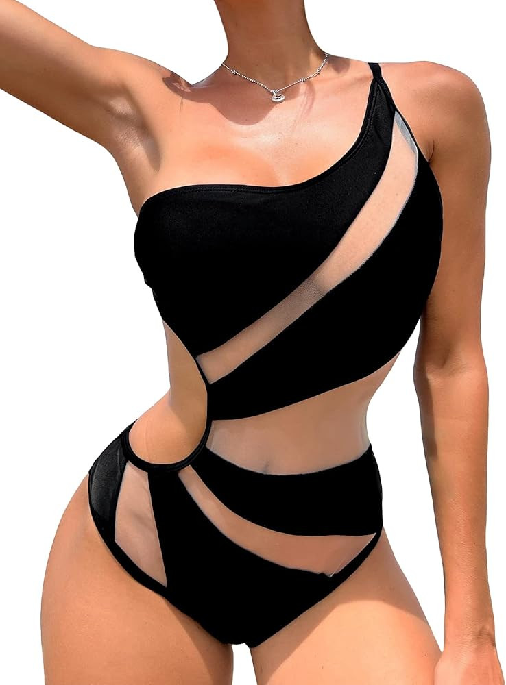 WDIRARA Women's Cut Out Mesh One Shoulder One Piece Swimsuits Sleeveless Bathing Suits | Amazon (US)