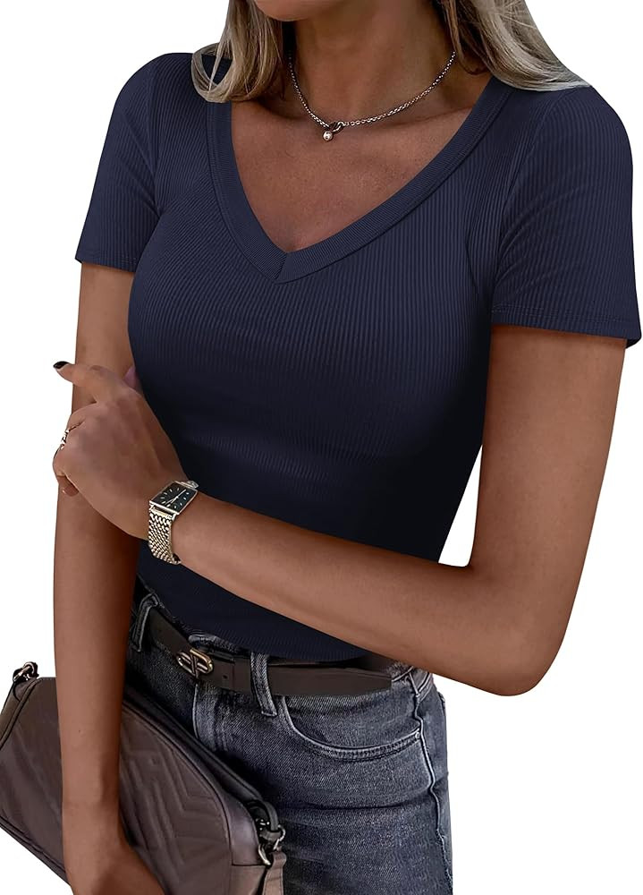ANRABESS Women Short Sleeve V Neck Ribbed Knit Fitted Shirts Basic Tees Tops 2025 Summer Casual T... | Amazon (US)