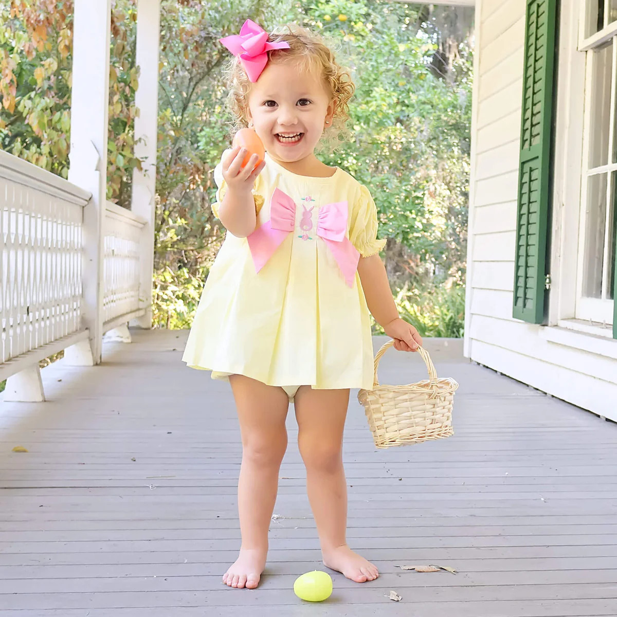 Bunny And Flowers Embroidered Yellow Center Bow Skirt Bubble | Classic Whimsy