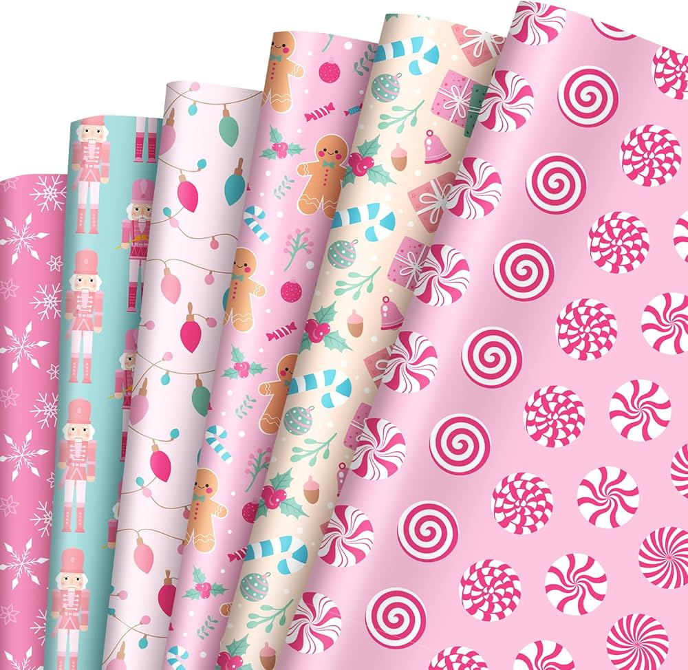 Whaline 12 Sheets Christmas Wrapping Paper - Not Roll - Pink Xmas Gingerbread Nutcracker Candy Ca... | Amazon (US)