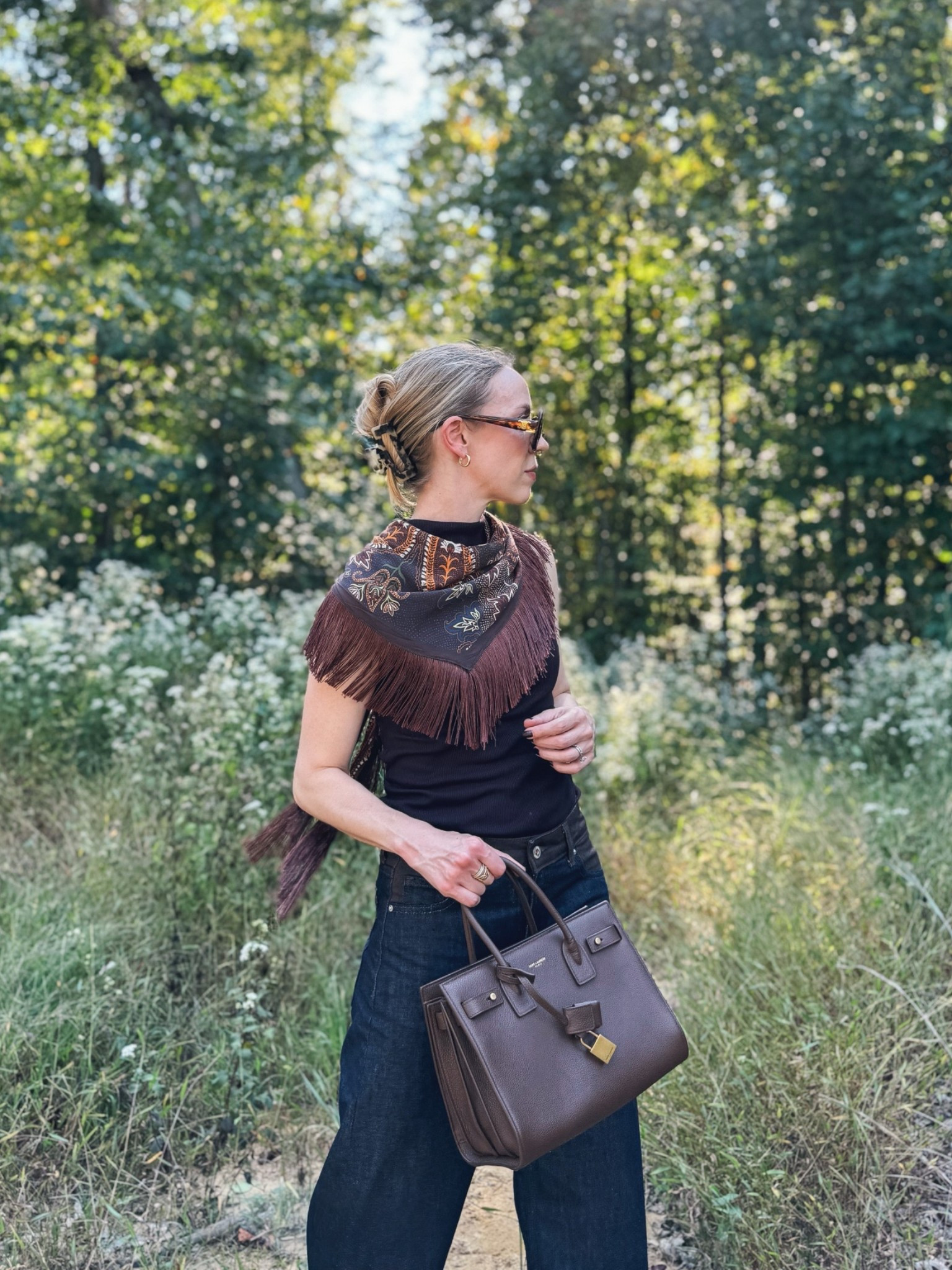 Paisley fringe scarf, @Zara western style denim, fall outfit with paisley scarf