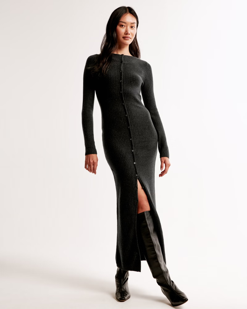 Long-Sleeve Button-Through Maxi Sweater Dress | Abercrombie & Fitch (US)