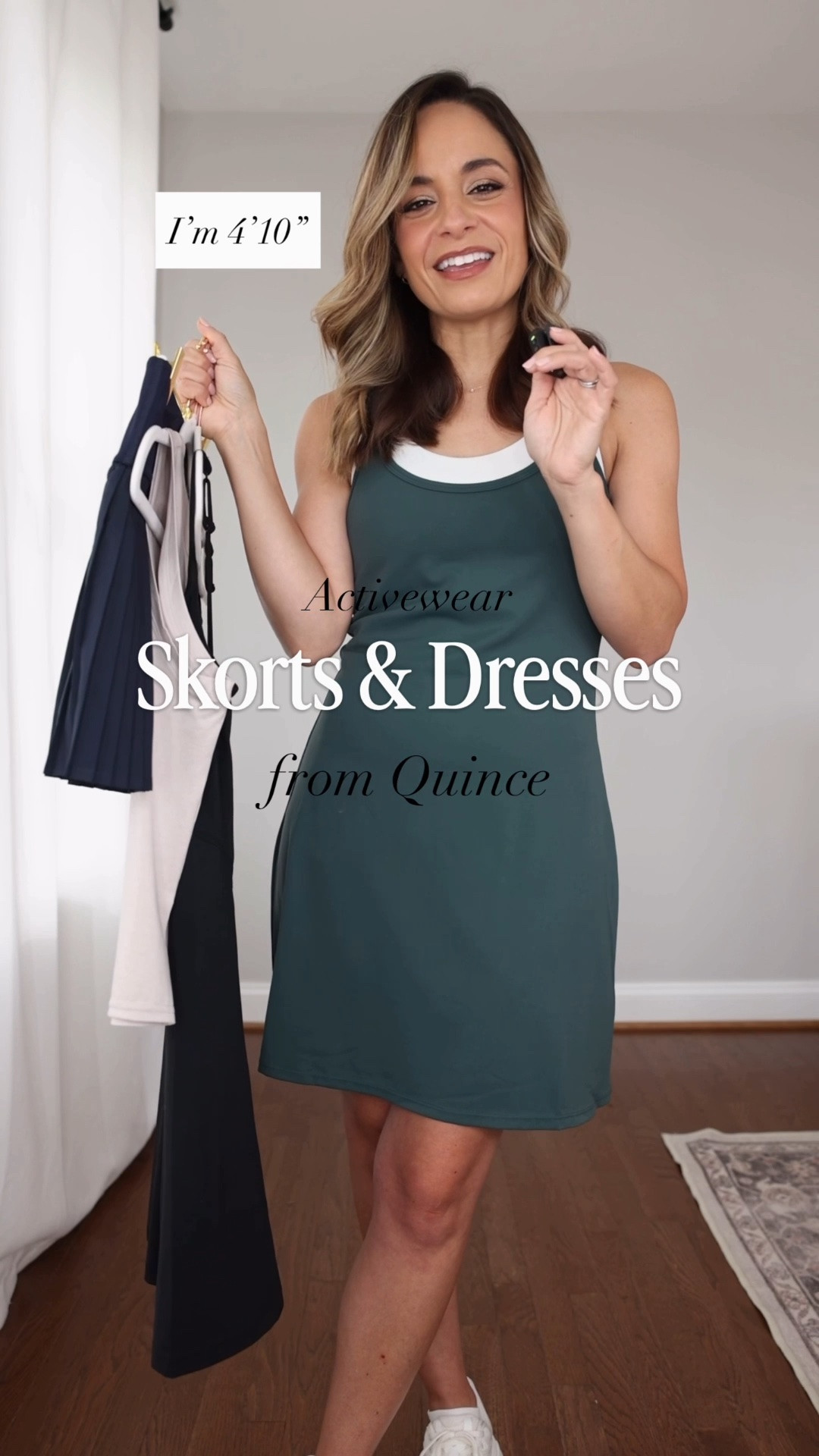 A look at two activewear dresses and a skort from @Quince and how they fit my petite 4’10” frame! 

Ultra Form Active Dress: XS 
Power Up Square Neck Dress: XS 
Court Skort Pleated Tennis Skirt: XS 
Flow Knit High Neck Tank Top: XS in granite grey

#quincepartner
