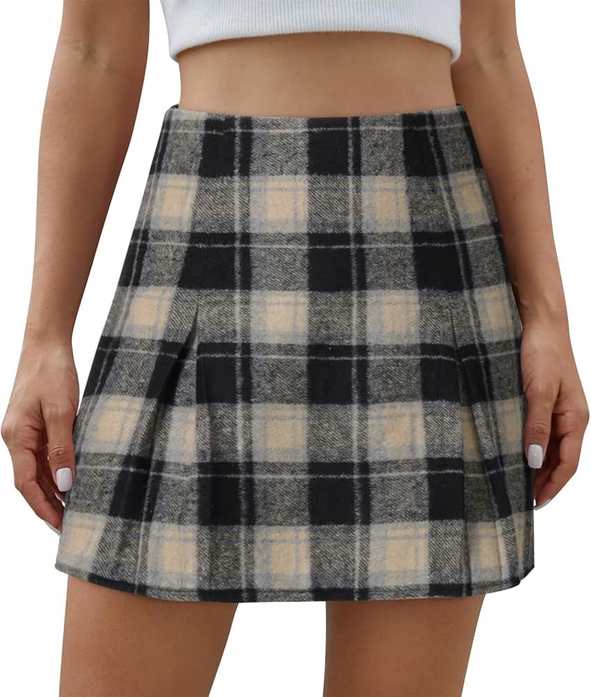 Women's Plaid Mini Skirt Zipper Side High Waisted Pleated A Line Short Skirt | Amazon (US)