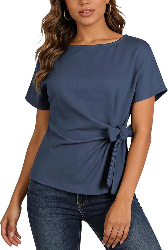 Yeokou Womens Wrap Sweater Casual Elegant Short Sleeve Round Neck Tie Waist Pullover Spring Summe... | Amazon (US)