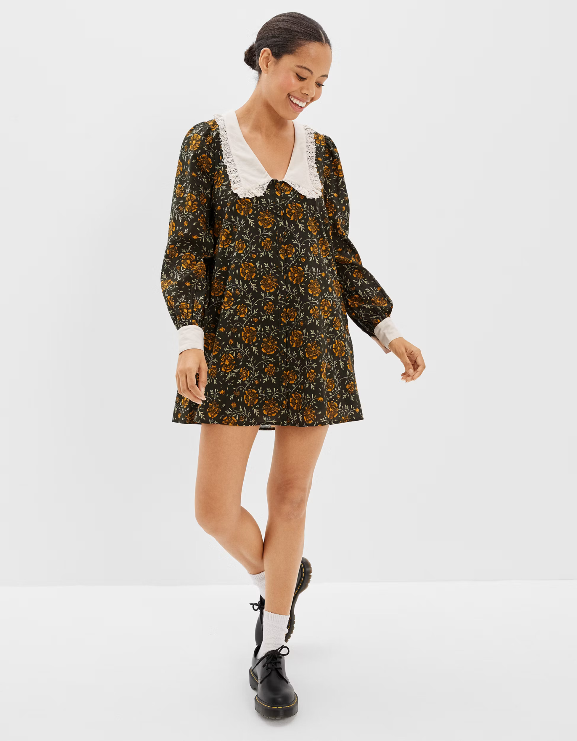 AE Floral Ruffle Collar Shirt Dress | American Eagle Outfitters (US & CA)