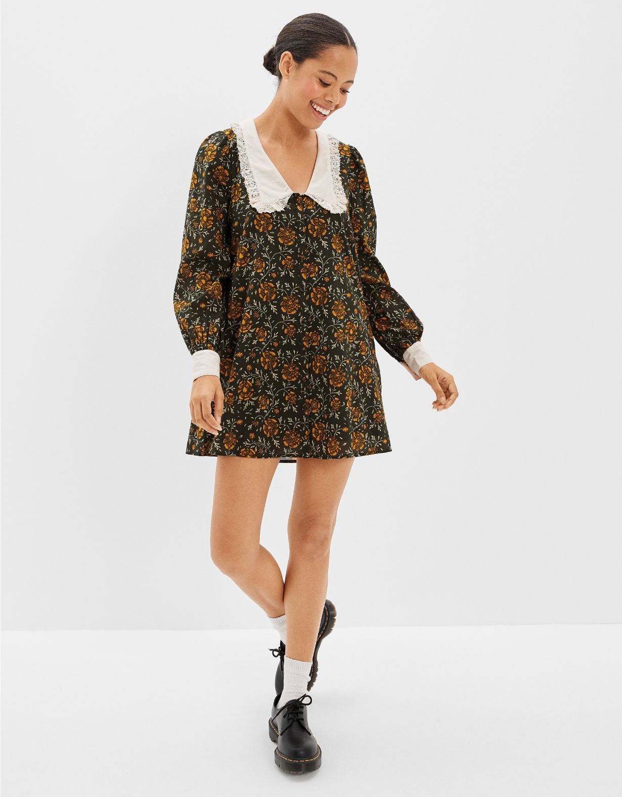 AE Floral Ruffle Collar Shirt Dress | American Eagle Outfitters (US & CA)