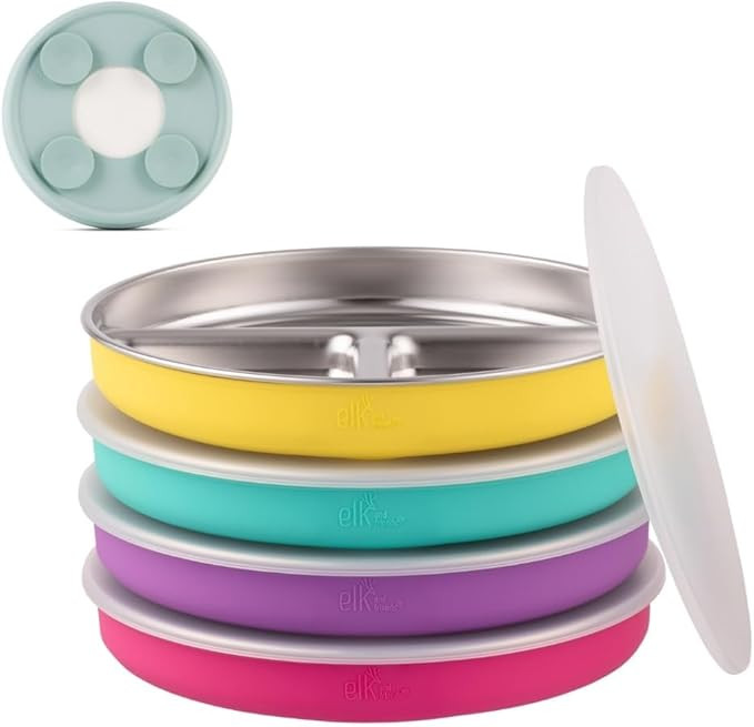 Elk and Friends Kids/Toddler 7.8" Stainless Steel Divided Plate + Lid | 4pk | Amazon (US)