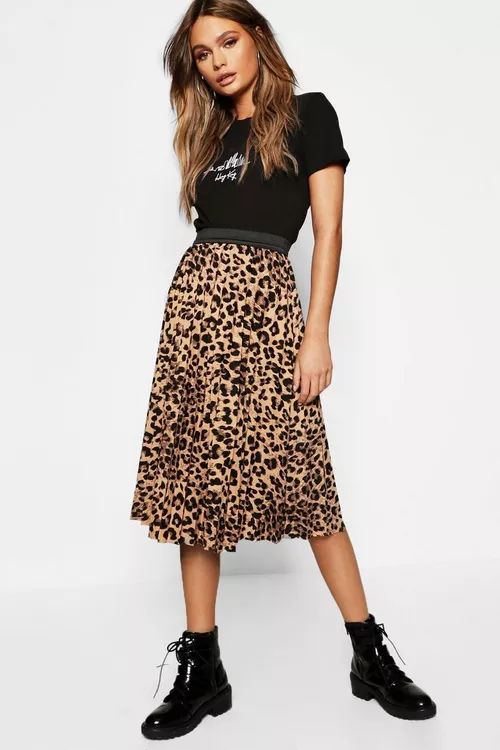 Leopard Print Pleated Midi Skirt | Boohoo.com (UK & IE)
