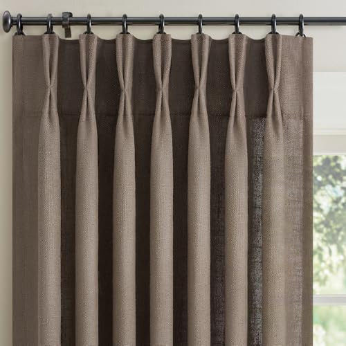 Dark Flax Pinch Pleated Linen Curtains 84 Inch Long 2 Panels for Living Room Bedroom Country Farmhouse Thick Linen Textured Semi Sheer Back Tab Pinch Pleat Hooks Rings Window Curtain Brown Mocha 7 FT | Amazon (US)