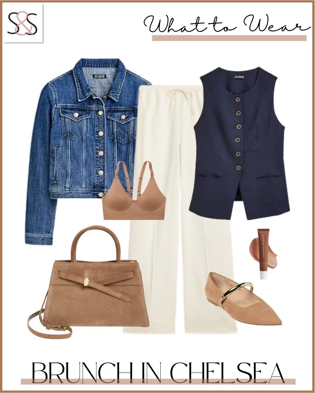Brunch in Chelsea calls for elevated casual layers. Pair cream pants with a sleek navy vest and finish with a classic denim jacket for a polished yet relaxed city look.

Sunsets and Stilettos brunch outfit Chelsea NYC style cream pants denim jacket navy vest neutral flats city chic casual layers

#LTKSeasonal #LTKOver40 #LTKWorkwear