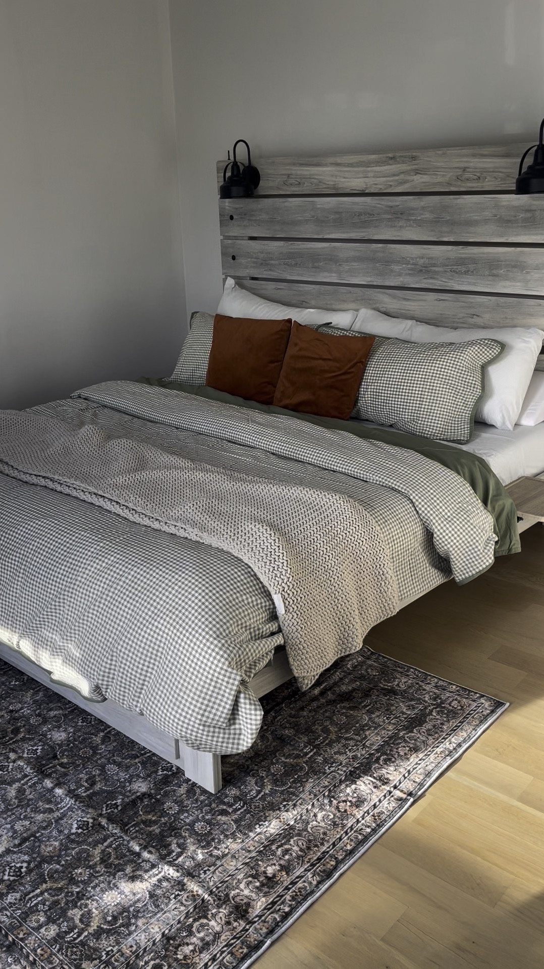 bedroom is slowly coming along! Linked what I could here: our exact bed frame + some similar options, our duvet cover, + some similar rugs!

Rug was a homegoods find!