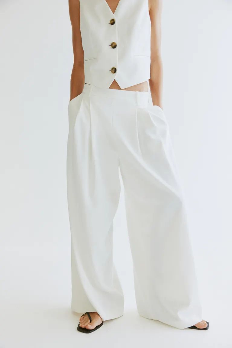 Wide tailored trousers - High waist - Long - White - Ladies | H&M GB | H&M (UK, MY, IN, SG, PH, TW, HK)