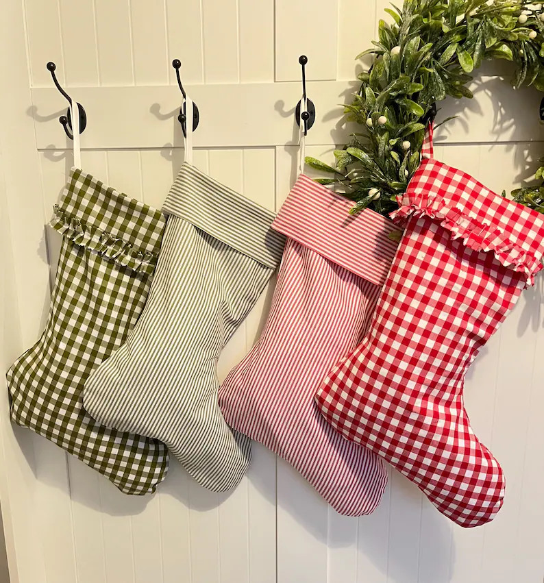 Christmas Stocking- Green Red Gingham Check Plaid Stripe Contemporary Colours on Trend Interiors ... | Etsy (US)