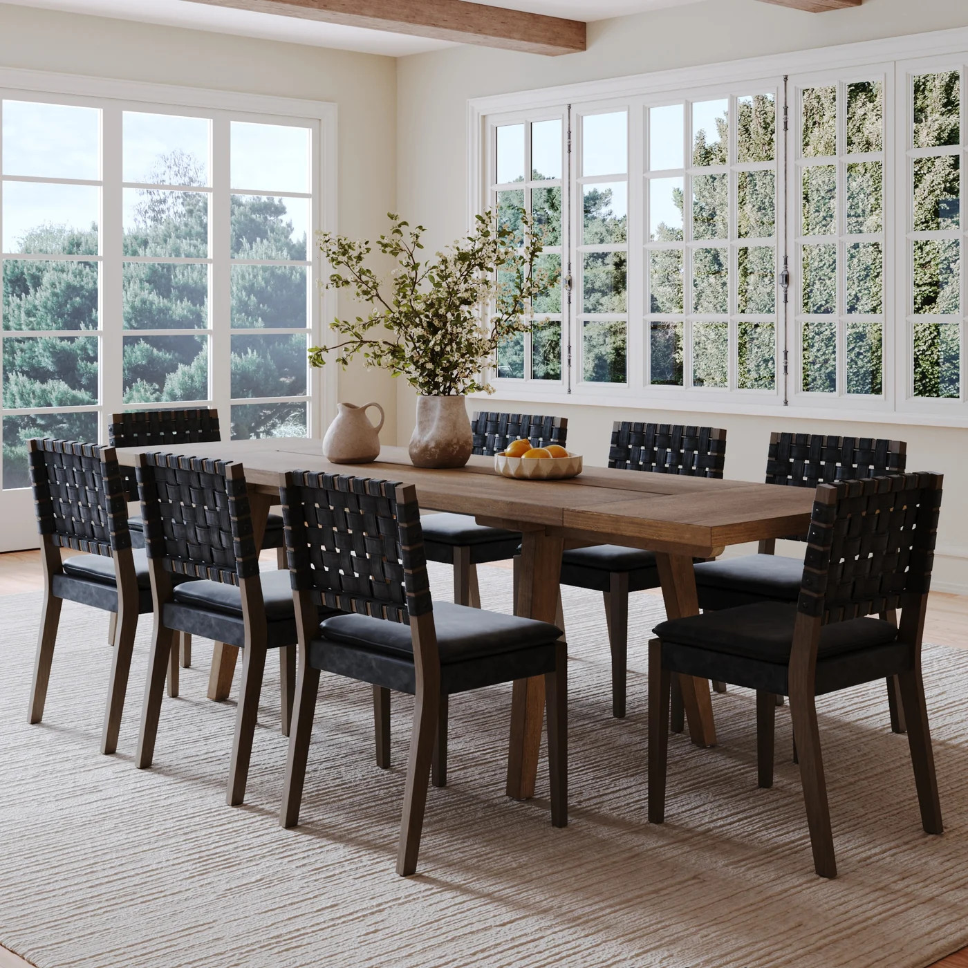 Extendable Woven Faux Leather Dining Set Black (8 Chairs) | Nathan James