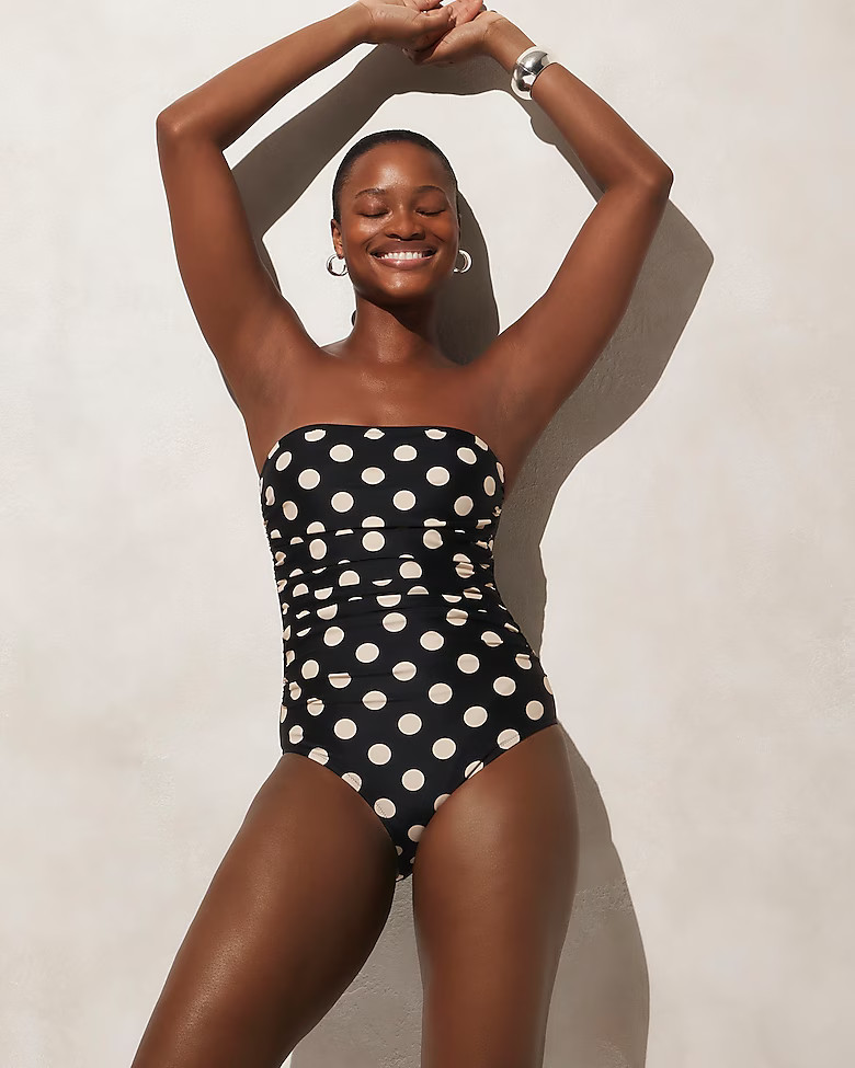 Ruched bandeau one-piece swimsuit in dot print | J. Crew US