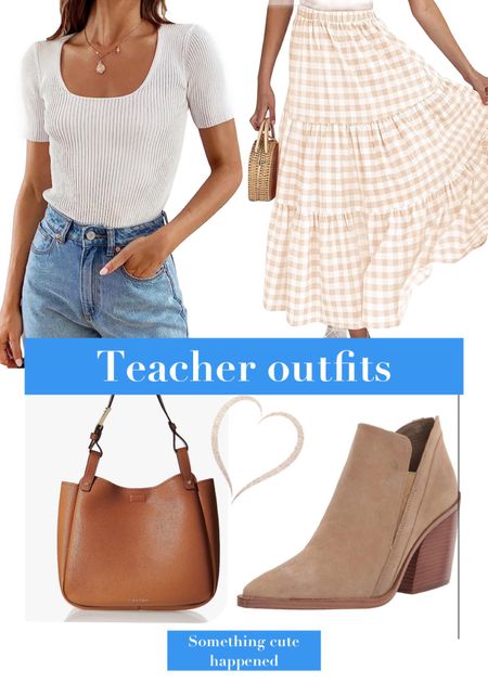 Ribbed short sleeve top
Flowy maxi skirt
Comfortable heel booties
Classic tote bag
Back to school
Teacher outfits 

#LTKBacktoSchool #LTKunder50 #LTKworkwear