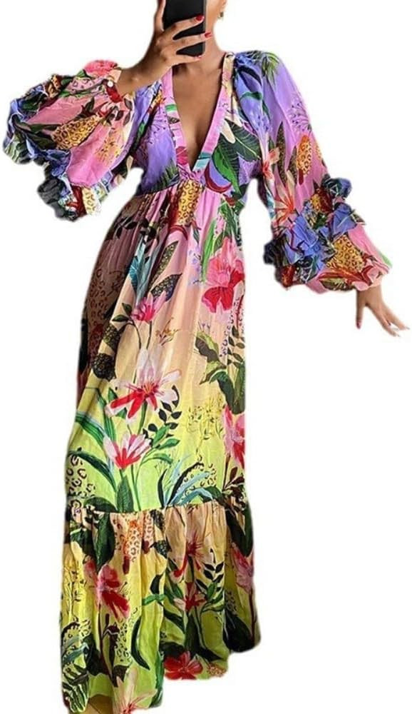 2025 Summer New Women's Print Gradient Color Dress with Ruffle Edge V-Neck Sexy Slimming | Amazon (US)