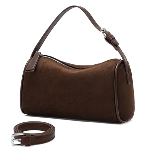 Chocolate Brown Suede Leather Crossbody Purses Bag for Women,Small Barrel Hobo Purse with Adjustable Strap Designer Shoulder Handbags | Amazon (US)