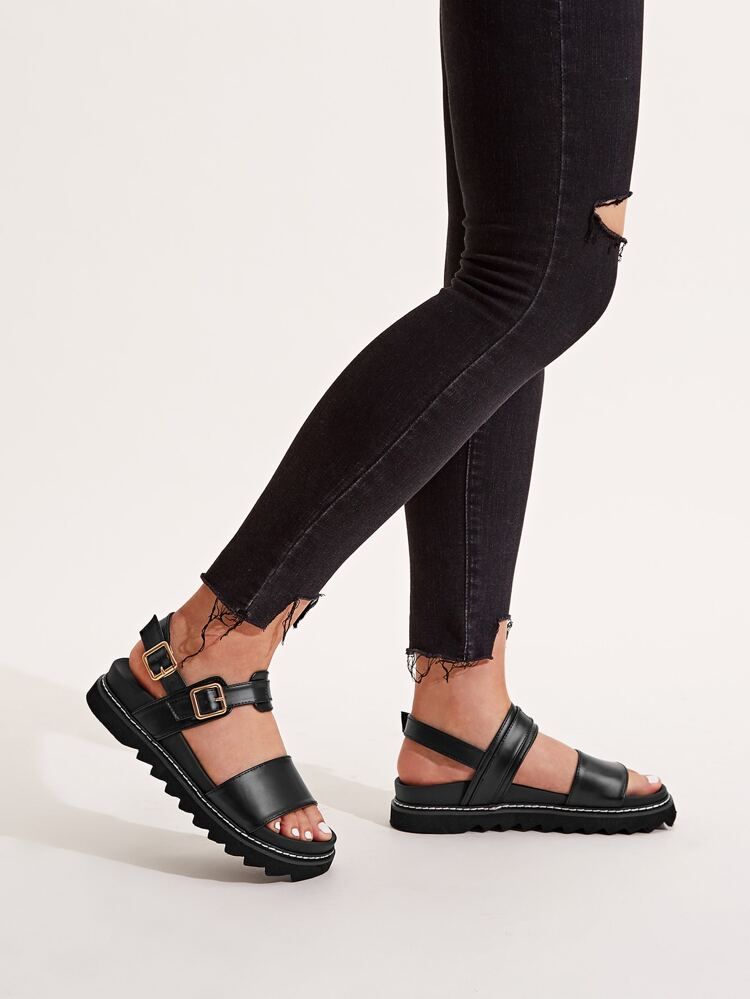Open Toe Buckle Strap Midform Sandals | SHEIN