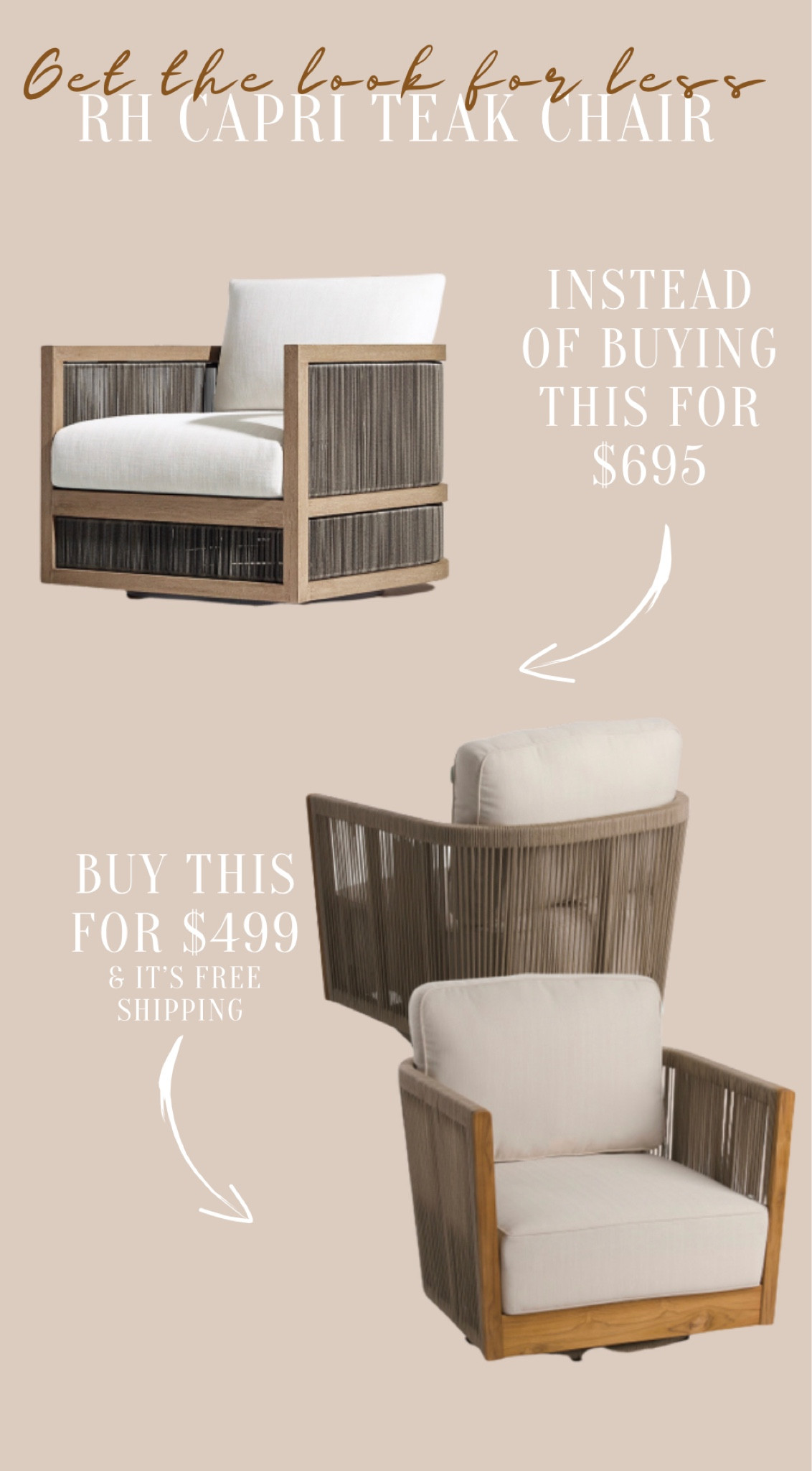 Get the look for less!!

This is a great RH capri swivel lookalike. Also, free shipping so you get to save on that as well!

Just use code: SHIP119

Restoration hardware
Dupes
Outdoor furniture 
Outdoor chair
Swivel chairs
Seasonal
Summer

#LTKSeasonal #LTKhome #LTKstyletip