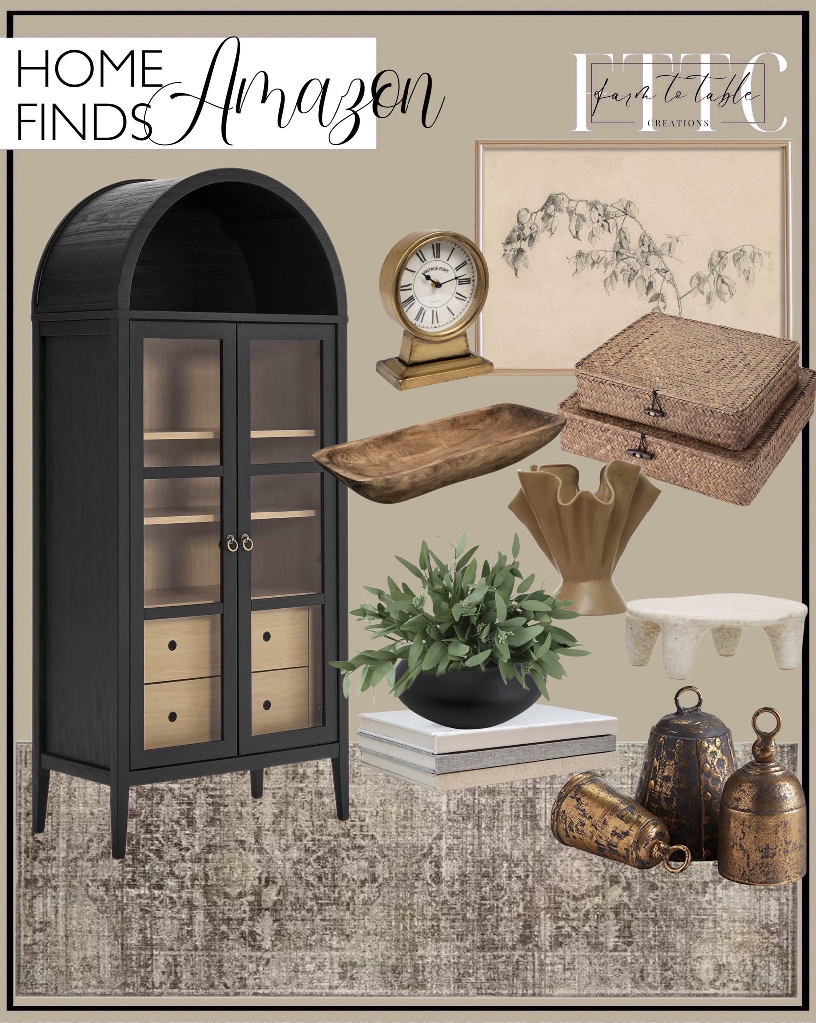 Amazon Home Finds. Follow @farmtotablecreations on Instagram for more inspiration.

Modway Nolan Modern Farmhouse 71" Tall Arched Storage Display Cabinet in Black Oak Wood Grain. Magnolia Home by Joanna Gaines x Loloi Millie MIE-03 Collection Charcoal / Dove 2'-7" x 8'-0" Runner Rug. Hipiwe Set of 2 Flat Woven Wicker Storage Bins with Lid Natural Seagrass Basket Multipurpose Home Boxes for Shelf Organizer (Coffee). Leave Plant Botanical Drawing Print Poster - Floral Flower Etching Rustic Picture. Napa Home Accents Collection-La Taverna Bells, Set of 3. Bloomingville 4.5 Inches Stoneware Footed Dish Coaster in Reactive Glaze, Cream Pedestal.  Decorative Book Set | Linen Covered Book Set | Set of 3 Real Linen Hardcover Book for Decor. Bloomingville 11.25 Inches Stoneware Ruffled Reactive Glaze, Sage Vase. Creative Co-Op Decorative Metal Mantel Clock, Gold Finish. Creative Co-Op Minimalist Round Mango Wood Bowl, Black. ANNIE&PANDA 3 Pack Faux Real Touch Artificial Eucalyptus Stems with Seeds 31''. Wooden Dough Bowl Vintage Oblong Natural Root Hand Carved Bowl. Shelf Decor. Arched Cabinet. Viral Cabinet  Cabinet Decor. Affordable Home Decor. Amazon Home Decor. Budget Friendly Decor. 


#LTKFindsUnder50 #LTKHome #LTKSaleAlert