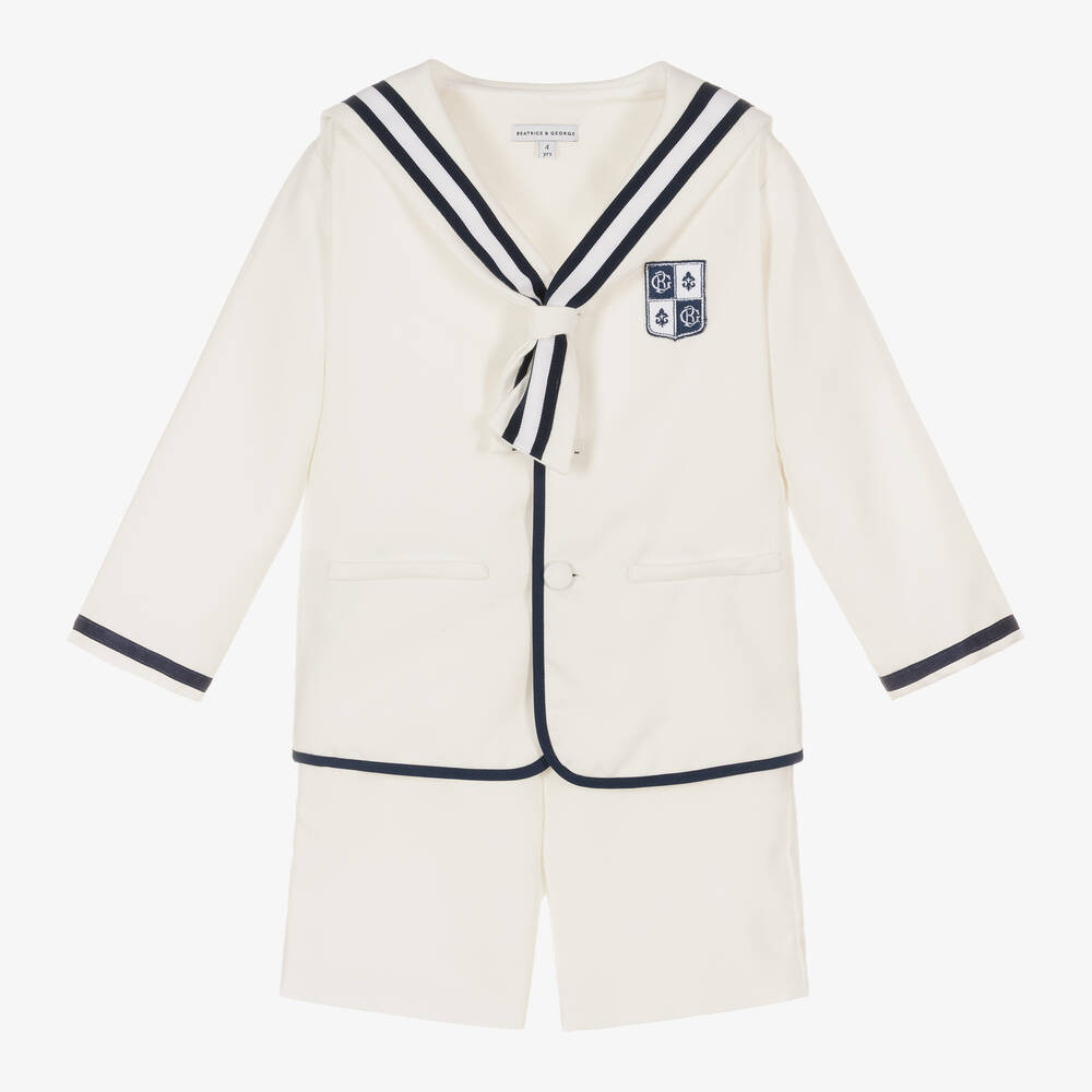 Boys Ivory Herringbone Sailor Shorts Suit | Childrensalon